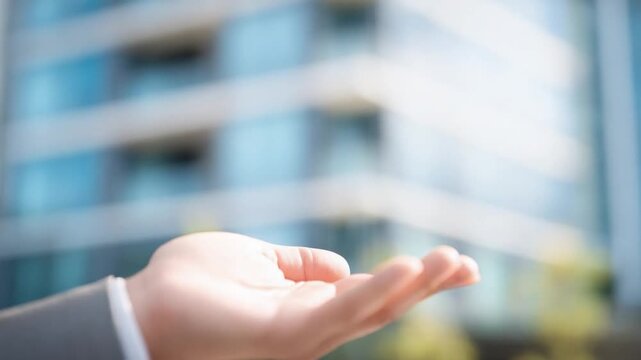 Reaching for the Skyscraper: A hand outstretched towards the modern skyscraper, symbolizing ambition and opportunity. A business concept showcasing aspirations, investment and success.