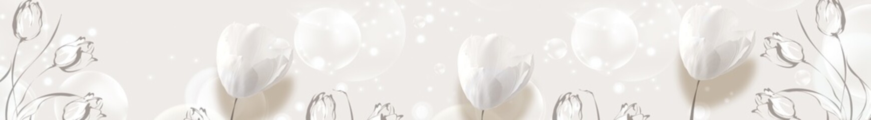 Warm beige floral banner with white tulips and artistic sketch outlines on champagne background