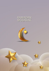 Naklejka premium Ramadan Mubarak lantern, star, crescent moon, mosque and decorative element for Islamic greeting card, banner, poster, cover design.