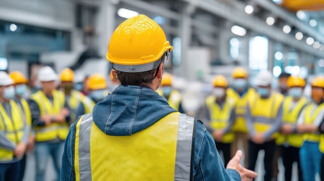 Factory workers meeting wearing protective gear