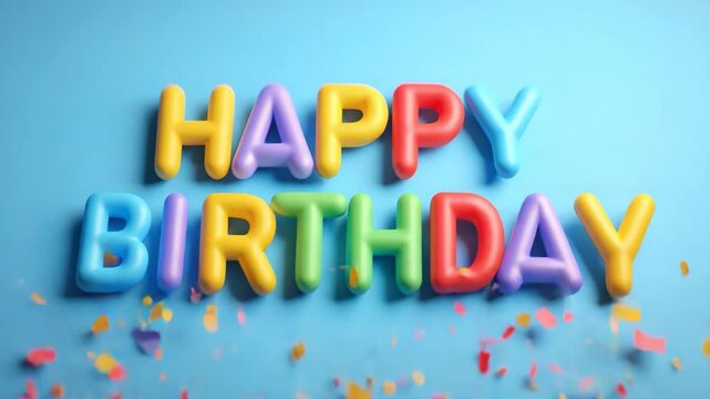 Colorful Happy Birthday 3D text with confetti on blue background, festive celebration scene with vibrant party decorations, cheerful confetti explosion and joyful event concept