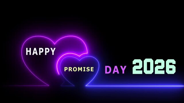 Promise Day 2026 neon text animation with glowing heart icons on dark background for Valentine celebration and relationship commitment concept.