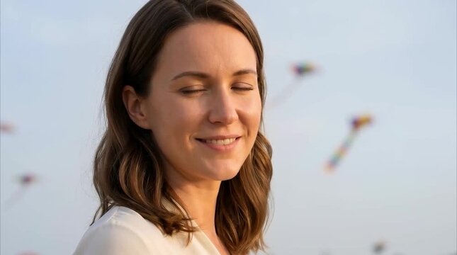 Smiling Woman Looking at Flying Kites During Uttarayan and Makar Sankranti Celebration for Cultural Festival Advertising Travel Promotion and Seasonal Branding