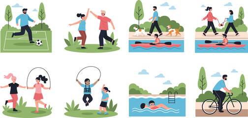 Fototapeta premium People Enjoying Outdoor Sports and Recreational Activities Illustration Set Showing Soccer, Running, Swimming, Jump Rope, Cycling, and Healthy Lifestyle Scenes