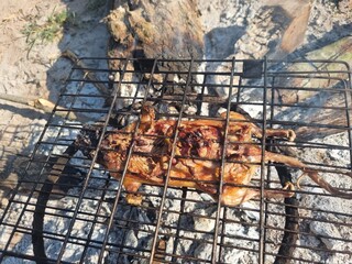 Barbecued Perfection: A close-up view captures the sizzle and smoke as succulent meat grills over an open fire, promising a delicious feast.