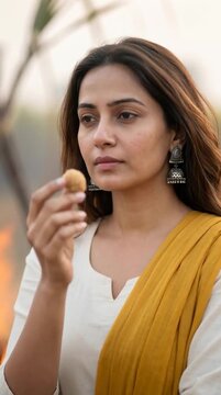 Indian Woman Eating Tilgul Sweet During Uttarayan Makar Sankranti Celebration for Cultural Festival Advertising Rural Lifestyle Branding and Traditional Food Promotion