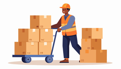 Professional delivery worker in a hard hat and safety vest efficiently handling and transporting cardboard boxes on a hand truck, symbolizing robust logistics and streamlined parcel services