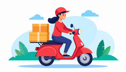 Illustration of a smiling delivery person riding a red scooter loaded with packages, conveying efficient and timely delivery services