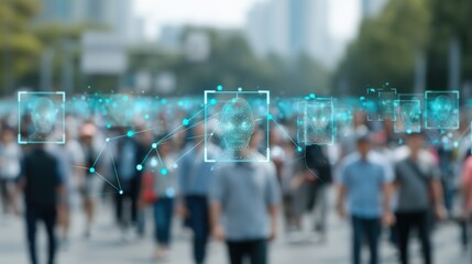 Fototapeta premium Facial recognition technology scanning crowd digital security