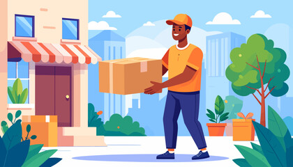 Delivery man carrying a package outside a building, providing express shipping services for customers