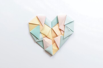 A delicate pastel origami heart, symbolizing modern love, on a clean white background, viewed from directly above, showcasing vibrant colors and intricate folds.