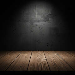 Dark, Moody Stage Background with Spotlight on Grunge Concrete Wall and Rustic Wooden Floor