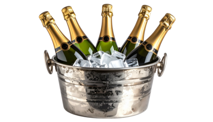 Champagne bottles in a silver bucket filled with ice, ready to be enjoyed