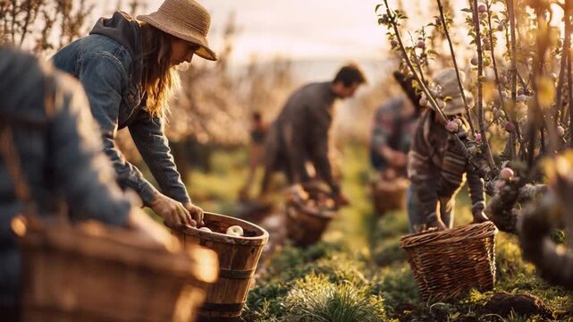Orchard Workers: Amidst a blossoming orchard, diligent workers, adorned in hats, meticulously gather a bountiful harvest, immersed in the rhythm of the season.
