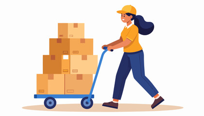 Delivery person pushing a cart full of packages, illustrating logistics and e-commerce services