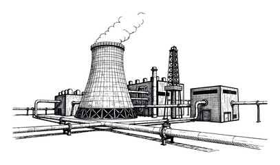 Handdrawn industrial complex showcasing a factory with a large cooling tower, an oil rig, and extensive pipelines, ideal for illustrating energy production and heavy industry themes.