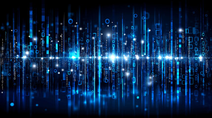Abstract futuristic tech background with blue binary code, digital data stream pattern, rapid information flow, cyber technology art, modern visual aesthetic, creative tech imagery, with