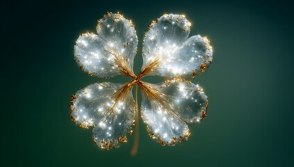 A glowing ethereal four leaf clover illustration against a dark teal backdrop