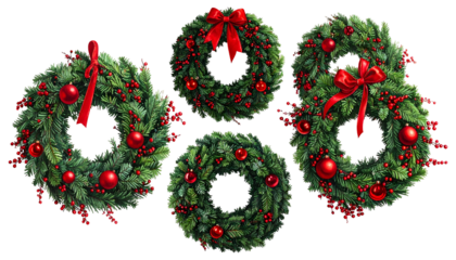 Four Christmas wreaths on a black background, decorated with bows, balls, and berries