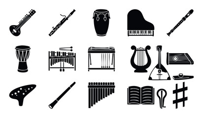 A comprehensive collection of diverse musical instruments and music symbols presented in a modern silhouette style, perfect for educational materials, music themed graphic designs, and