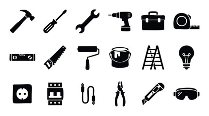 Fototapeta premium A comprehensive collection of essential repair tools and construction equipment icons for home improvement projects, maintenance services, and building industry resources