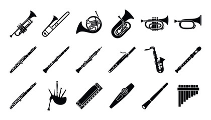 Obraz premium A versatile collection of wind musical instrument silhouettes suitable for music education, instrument identification, graphic design, and artistic projects