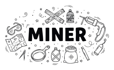 Hand drawn doodle set of mining tools and prospecting equipment including safety gear, exploration map, gold pan, and a caged canary, perfect for educational materials or themed event
