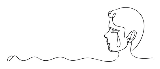 Elegant continuous one line drawing portraying a somber human profile with a visible tear, symbolizing sorrow and empathy, ideal for mental health, emotional support, or psychological