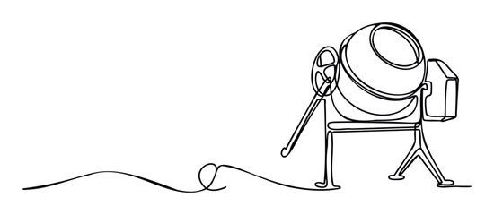Minimalist continuous line drawing of a concrete mixer conveying construction and building themes for industrial marketing materials or engineering project presentations