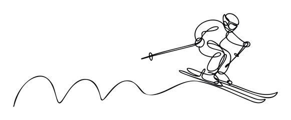 A dynamic continuous line drawing of a skier actively moving down a slope, perfect for engaging winter sport event advertisements and athletic lifestyle promotions.