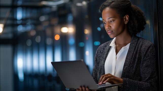 African woman IT engineer with laptop in dark server room, defocused data center background, network infrastructure maintenance, cybersecurity analytics work, computer programming - Powered by Adobe