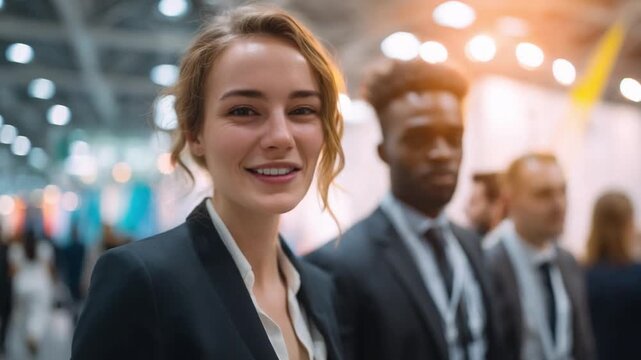 Focused on Professionalism: A professional woman beams with confidence as she strides forward, exuding poise. The photograph captures the essence of a modern workplace.