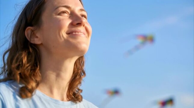 Smiling Woman Looking at Colorful Kites Flying in Sky During Uttarayan Makar Sankranti Festival for Cultural Advertising Seasonal Promotion and Festive Campaign Use