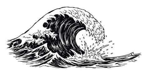 Dynamic ocean wave drawing with powerful breaking water and sea foam, perfect for surf themed graphics or marine environment projects