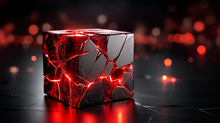 Cracked illuminated block in dark futuristic setting, red glow lighting effect, abstract technology concept, digital disruption symbolism, innovative breakthrough visualization, modern tech