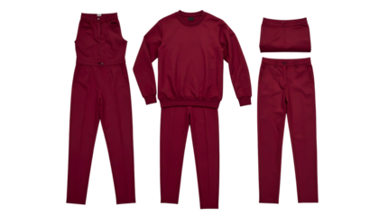 Flatlay of three sets of identical deep red athletic/casual clothing garments