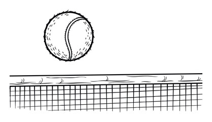 Bold black and white graphic of a tennis ball in motion above the net, ideal for sports branding, athletic event promotion, active lifestyle marketing, or educational materials about