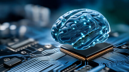 Digital brain connected to motherboard circuit board, abstract future technology illustration, neural network visualization, artificial intelligence concept, computational thinking