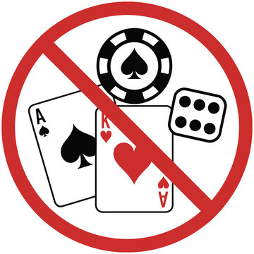 No gambling icon showing casino prohibition symbol in flat vector style, ideal for signage, restricted areas, public warnings, gaming regulation graphics, and educational illustrations.