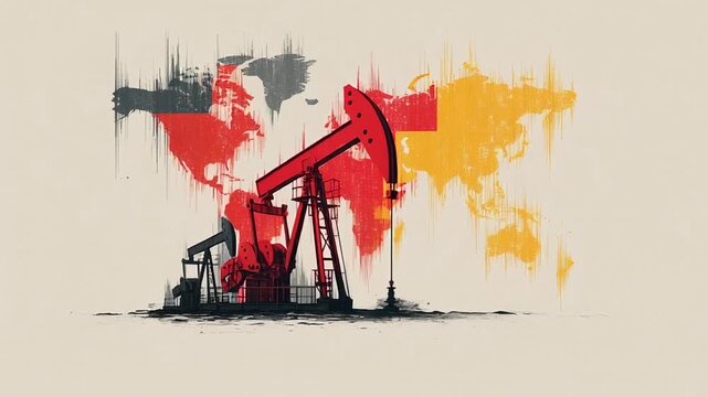 Economic impact of oil restrictions, fractured oil supply chain visual metaphor, minimalist global trade illustration, neutral background, professional news style, oil sanctions impact