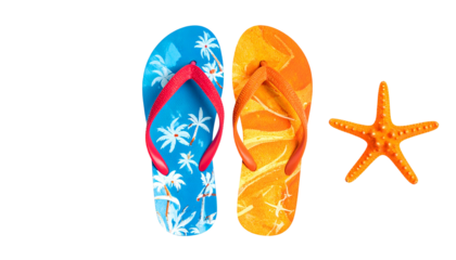 Colorful flip-flops and starfish on black background, tropical theme