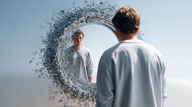 Reflection and Shattered Realities: A man stands before a shattered, distorted mirror, reflecting a glimpse of the self, questioning perception.
