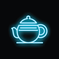 Obraz premium Bright blue neon sign in the shape of a teapot is glowing on a black background