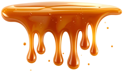 Viscous, shiny, flowing caramel drips against a black background