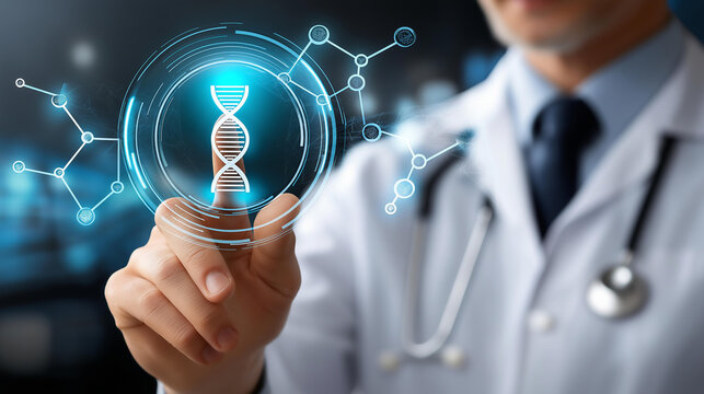 Doctor touching DNA icon interface hologram, digital healthcare network connection, medical diagnosis technology, patient care innovation, modern healthcare concept, genetic medicine - Powered by Adobe