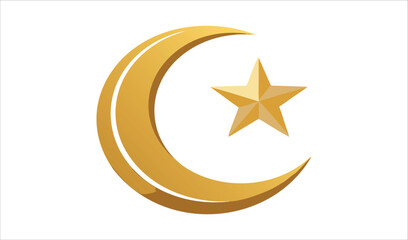 Golden Crescent Moon and Star Symbol on White Background for Islamic Culture and Faith Representation