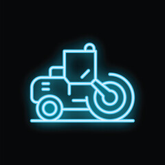 Blue neon icon of a road roller pushing on a black background