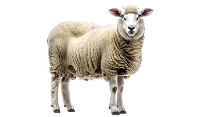 Fototapeta premium A fluffy, white sheep stands isolated against a black background, looking directly at the viewer