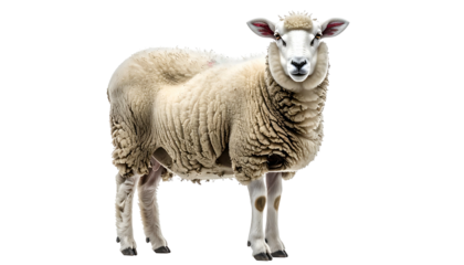 A fluffy, white sheep stands isolated against a black background, looking directly at the viewer