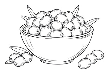 Delicious fresh green olives in a ceramic bowl with olive leaves, perfect for food packaging, healthy eating guides, or Mediterranean cuisine recipe books and blogs